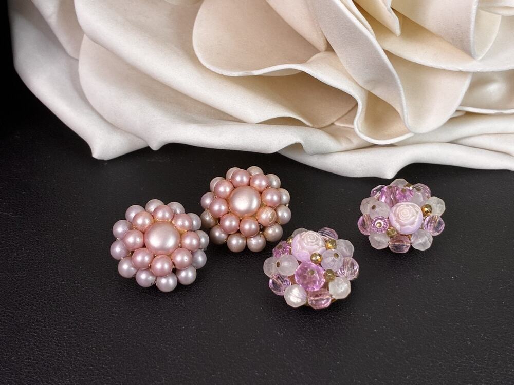 Vintage Pink Clip On Earrings Lot Faux Pearl Beaded Floral Rose Cluster 2 Pair